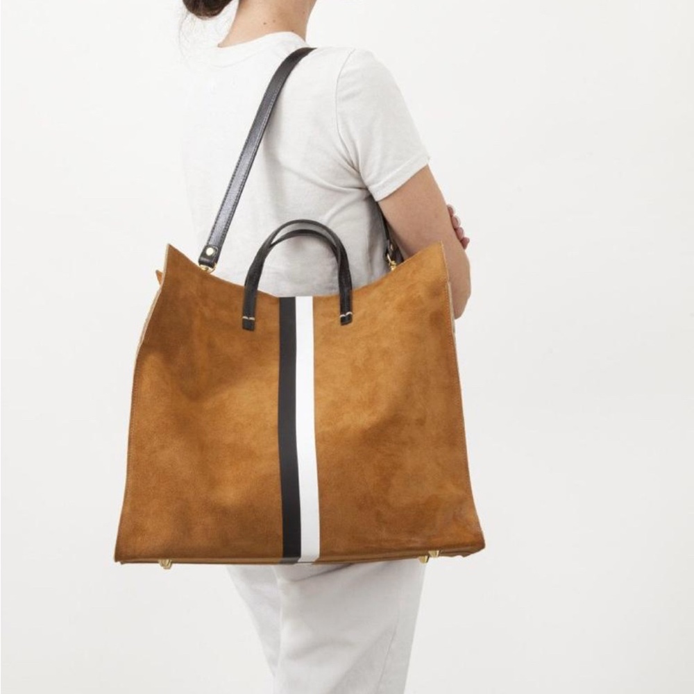 Clare V. Simple Tote Camel Suede W/ Black &
White Stripes and Gold Leather Pom